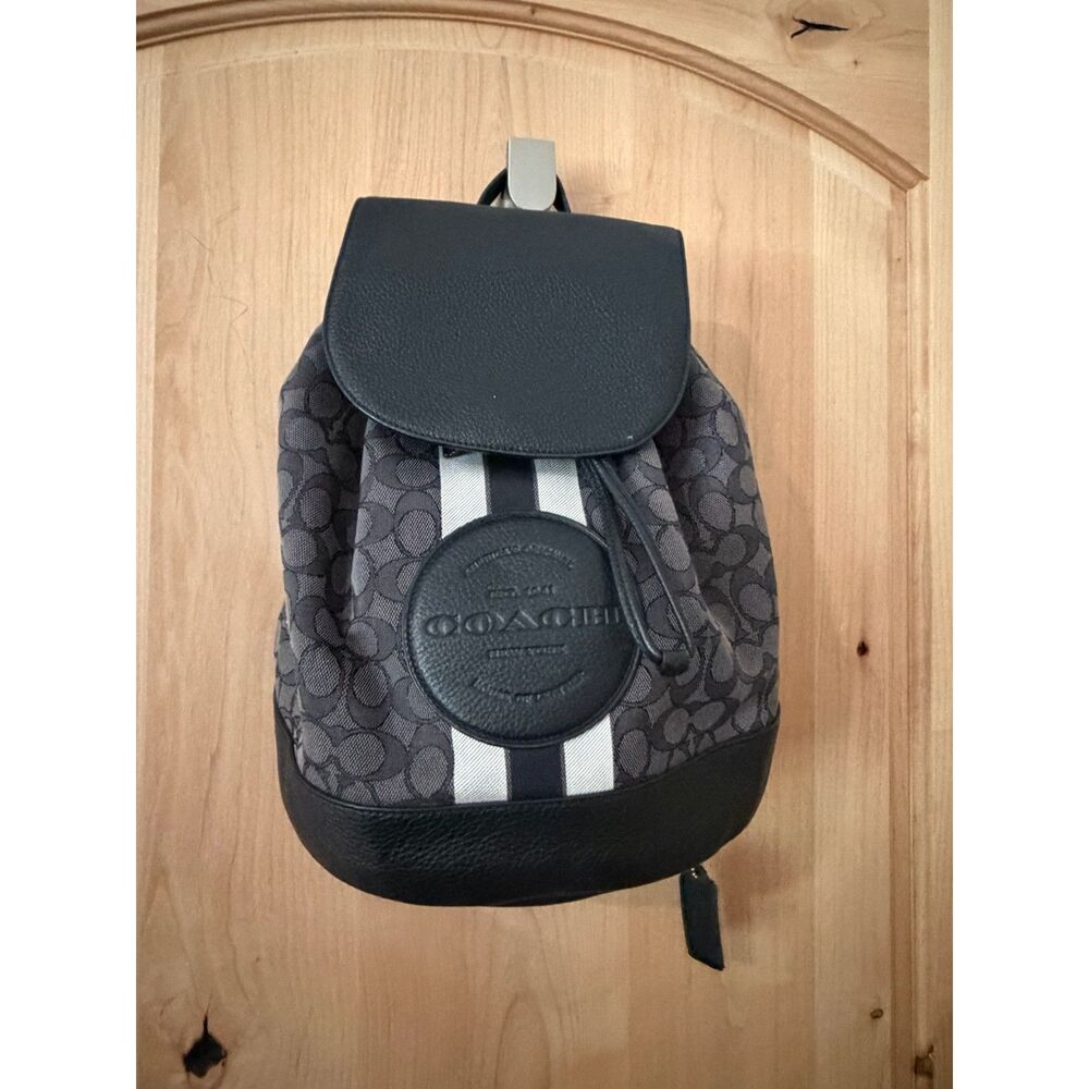 Coach Black Dempsey Drawstring Backpack in Signature Jacquard EUC